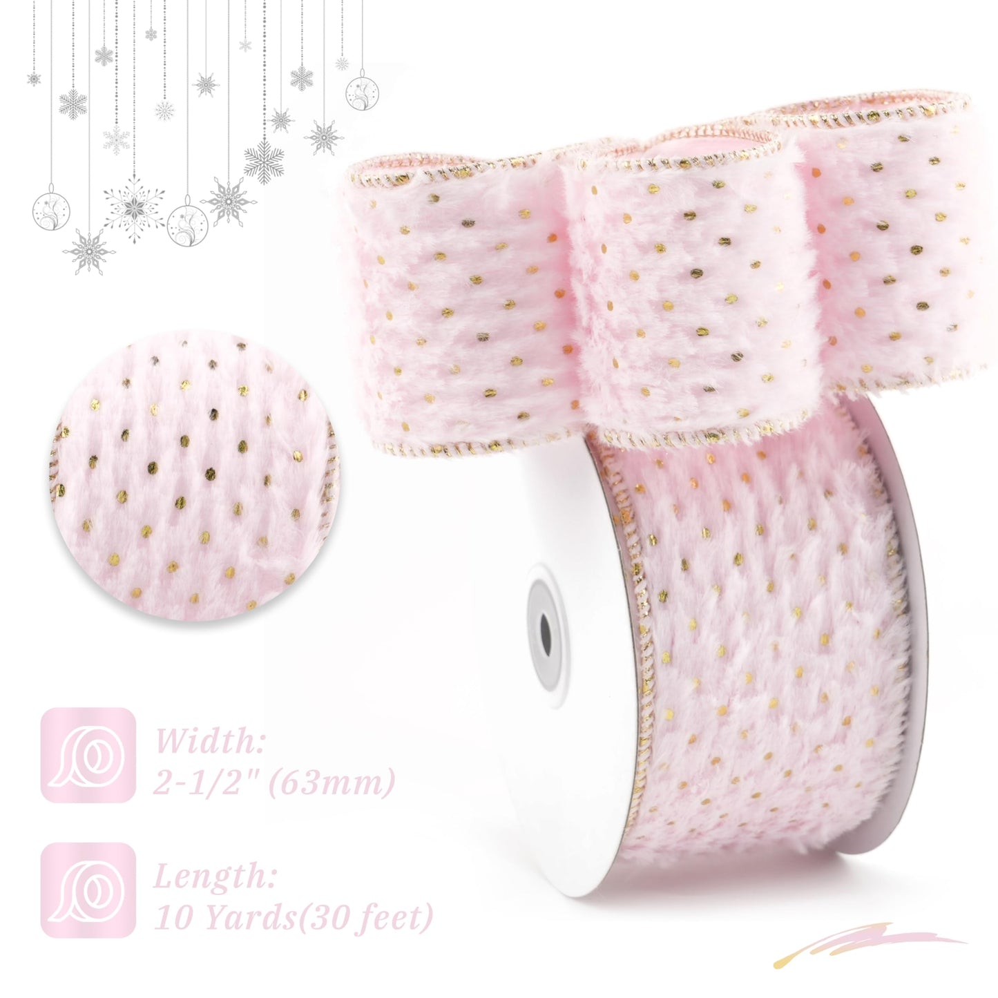 DINDOSAL Pink and Gold Christmas Ribbon 2.5" X 10 Yards Pink Faux Fur Wired Ribbon for Christmas Tree Decoration, Polka Dot Ribbon Wired for Bows, Wreaths, Garlands, Gift Wrapping, Home Decor