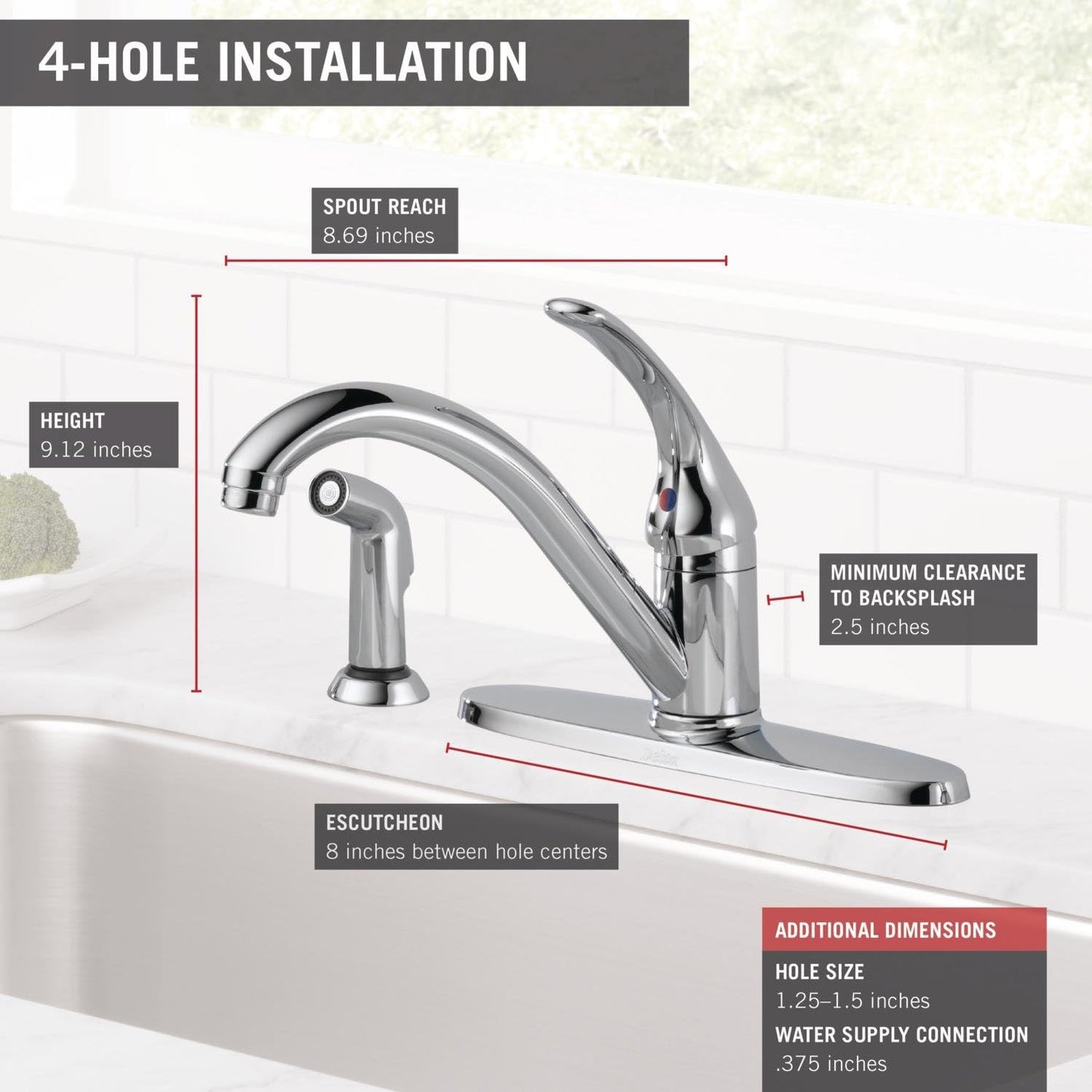 Delta Classic Chrome Kitchen Faucet with Side Sprayer, Contemporary 4 Hole Kitchen Sink Faucet, Single Handle, Chrome 400-DST