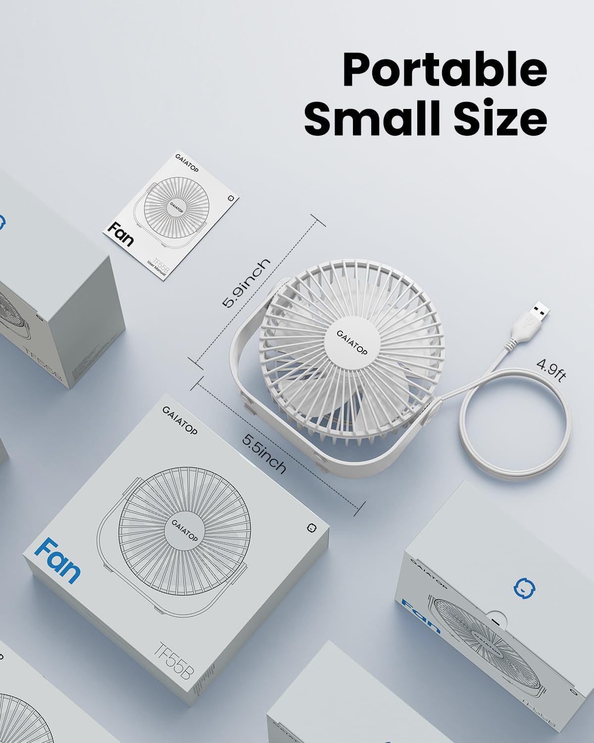Gaiatop USB Desk Fan, 3 Speeds Strong Airflow, 5.5 Inch Portable 90° Rotate Quiet Cooling, Small Personal Table Fans for Bedroom Home Office Travel White