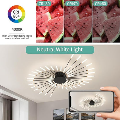 ziidoo Modern Ceiling Light, 42 Lights Metal Firework Designed Chic Led Lighting Fixture for Farmhouse Kitchen Dining Room Bedroom Hallway Living Room (Black)
