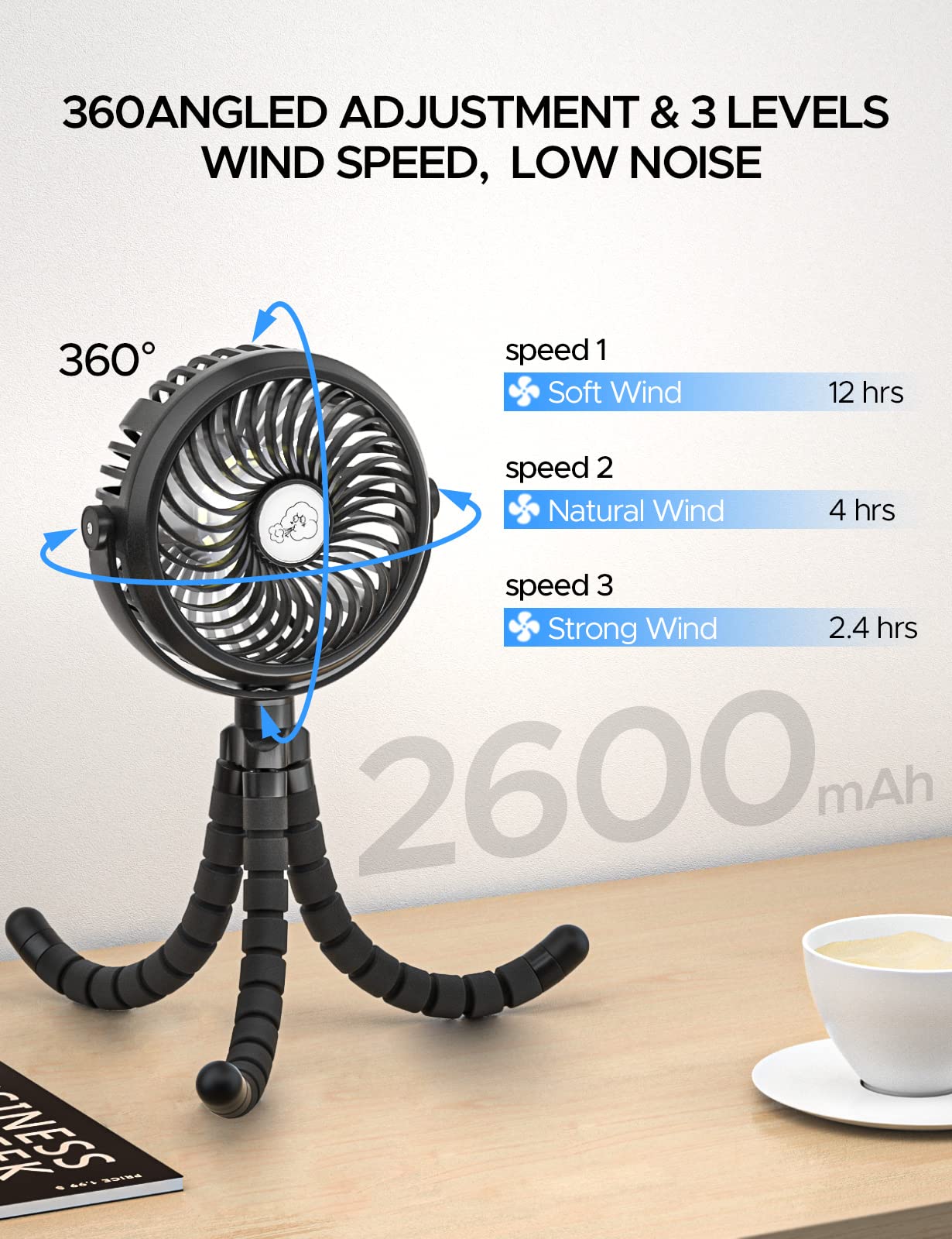 neofeel Baby Stroller fan, 12hrs Battery Rechargeable Fan, Portable Fan with Flexible & Windable Tripod, 3 Speeds and LED Lighting Available…