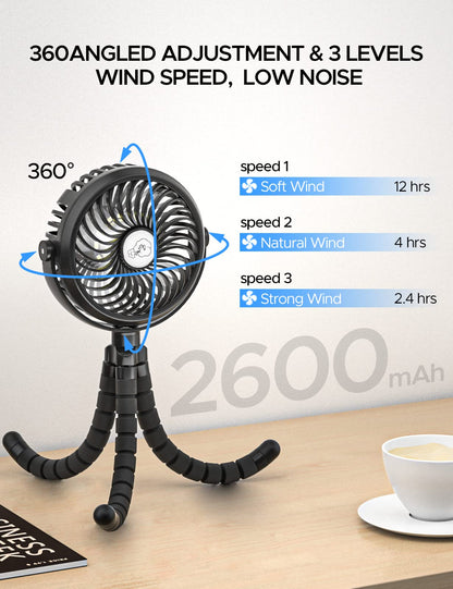 neofeel Baby Stroller fan, 12hrs Battery Rechargeable Fan, Portable Fan with Flexible & Windable Tripod, 3 Speeds and LED Lighting Available…