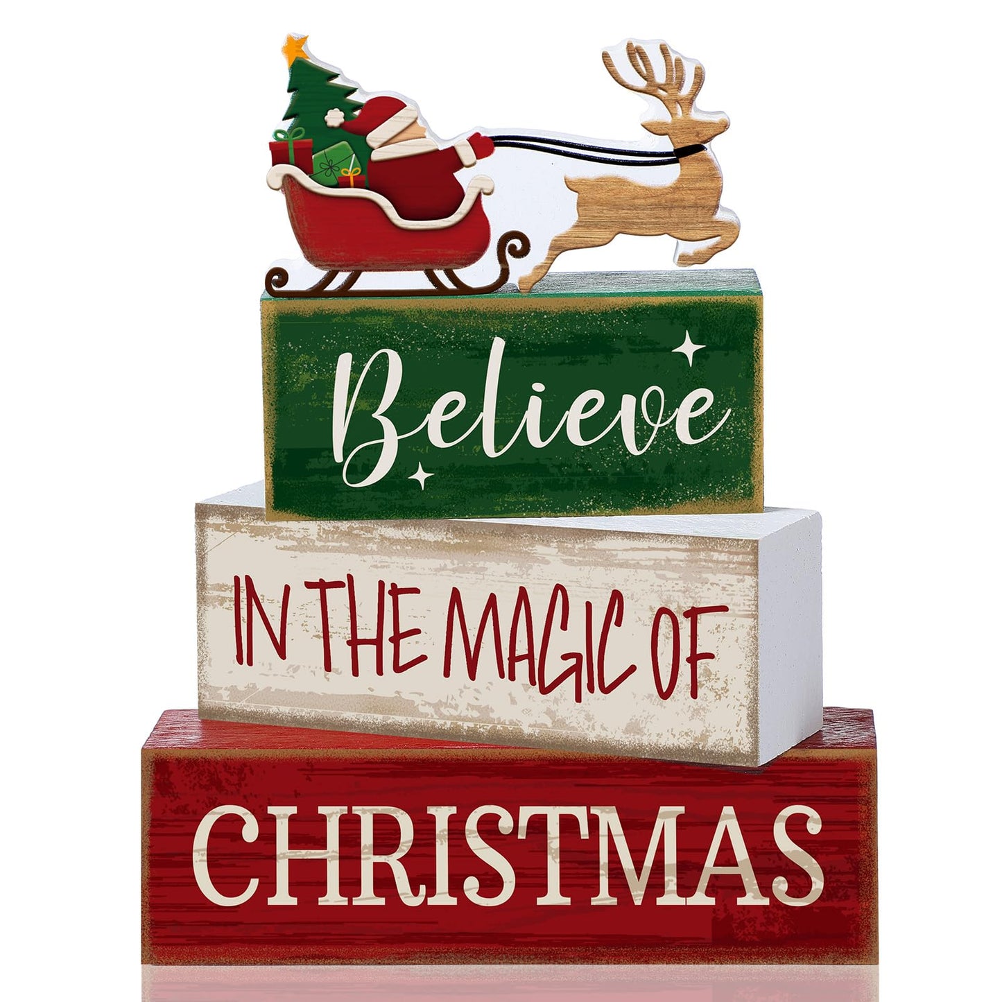 Lineshading 4 Pcs Summer Christmas Table Decoration Wooden Santa Claus Decor Christmas Tiered Tray Decor Decorative Santa Claus Elk Block Sign Gift Farmhouse Xmas Centerpiece for Home Kitchen Shelf