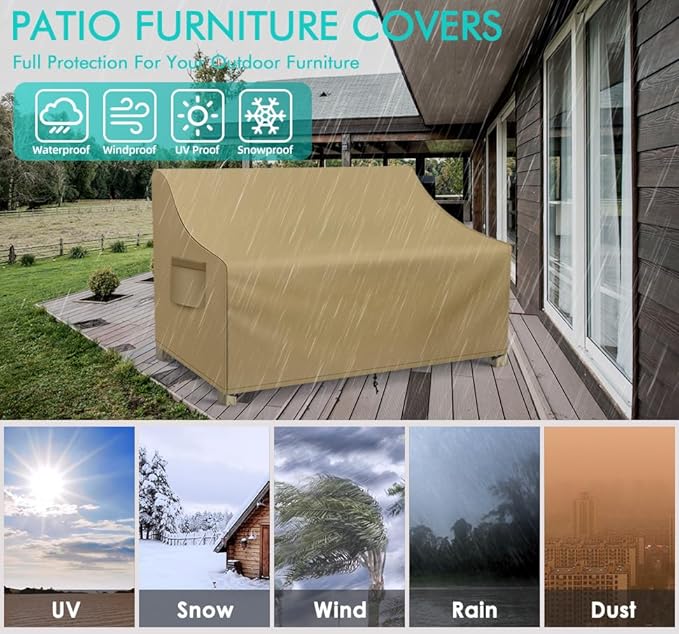 WLEAFJ Patio Sofa Cover Waterproof, 2-Seater Patio Loveseat Cover, Heavy Duty Outdoor Couch Cover, Outdoor Furniture Covers with Air Vent, 60’’ W x 34’’ D x 30’’ H, Khaki