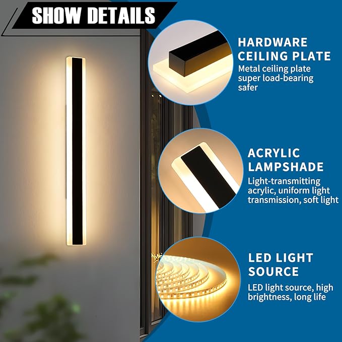 2 Pack 39.3inch Modern Outdoor Wall Sconce, 3 Color Lights 3000K/4500K/6000K, IP65 Waterproof Wall Light Fixture, White Acrylic, 36W, Outdoor Lighting for Porch, Patio, Fence, Garden