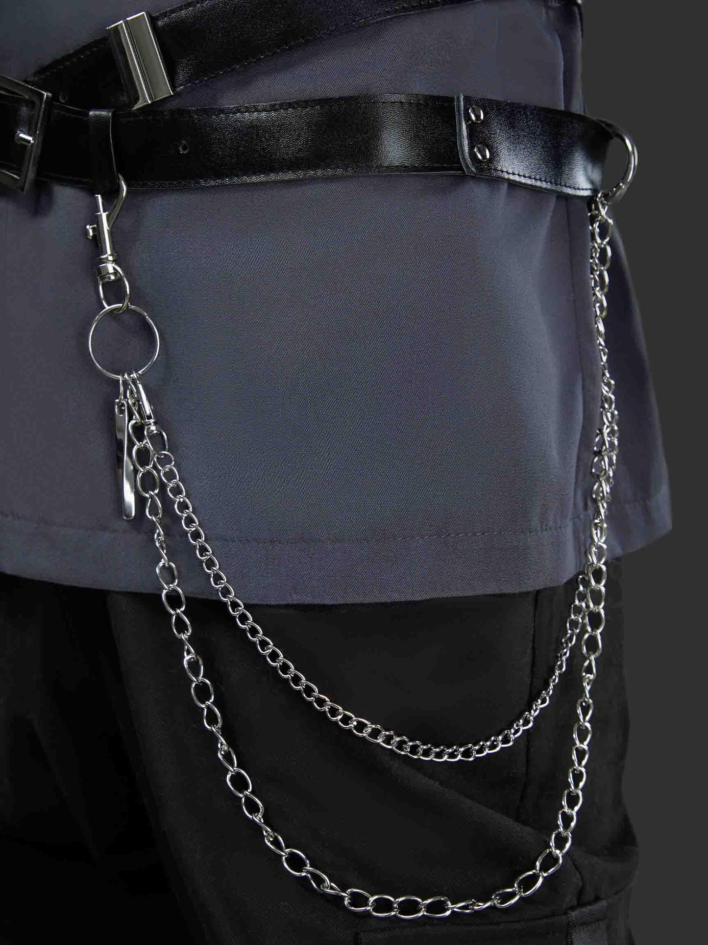 miccostumes Unisex Cosplay Accessory Black Leather Body Harness Belt Set with Waist Chain Gloves Necktie (black, S/M)