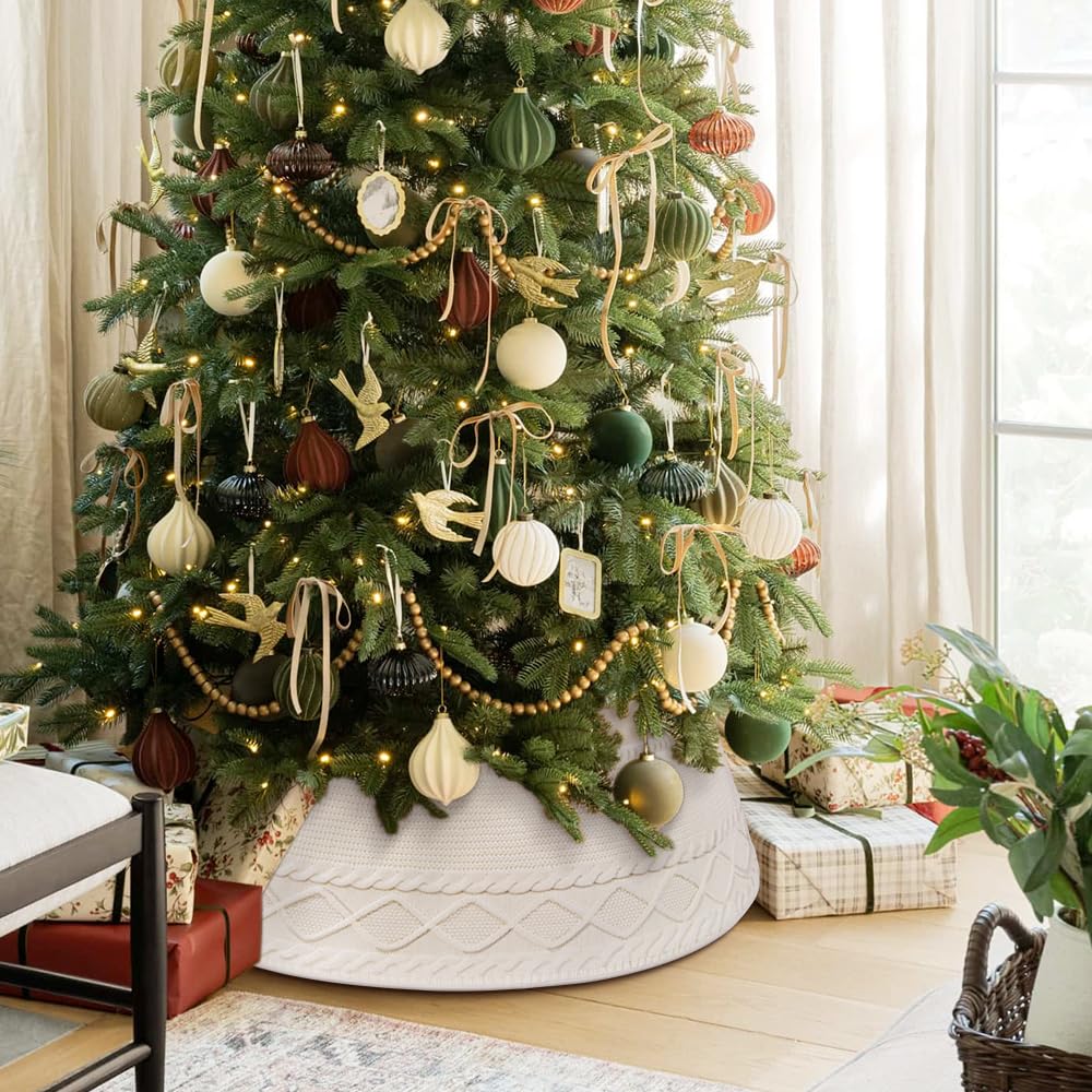Teeanzo Christmas Tree Collar Skirt,Knitted Cream White Diamond Edge Cable Stand Farmhouse Rustic Tree Ring for Artificial Christmas Tree Base Cover Holiday Home Party Decoration