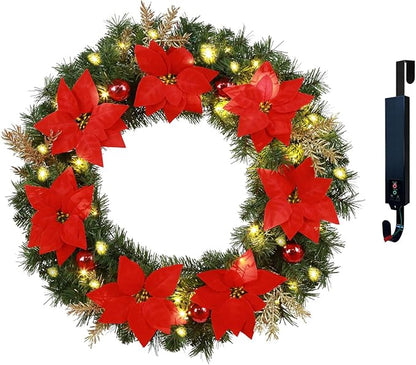 Solar Christmas Wreath 30 Inches Pre-Lit Solar 70 Led Artificial Wreath For Front Door Window Outdoor Christmas Decor with Poinsettias Golden Glitter Pine Branches Christmas balls(3003)