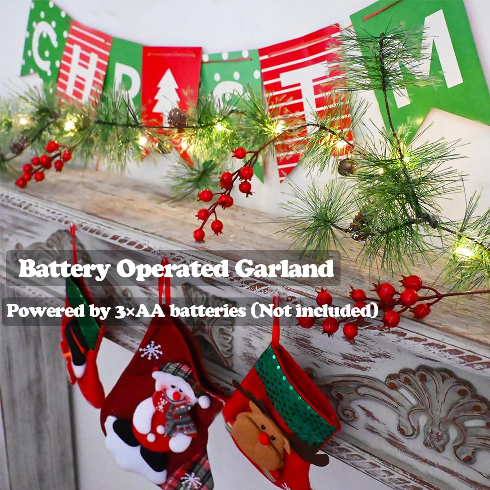 ChiRee Christmas Garlands 6.56FT 30 LED Smokey Pine Garlands with Lights Battery Operated Pine Cone Garland with Red Berry Bells Green Garland Christmas Decorations for Xmas Holiday Indoor Outdoor