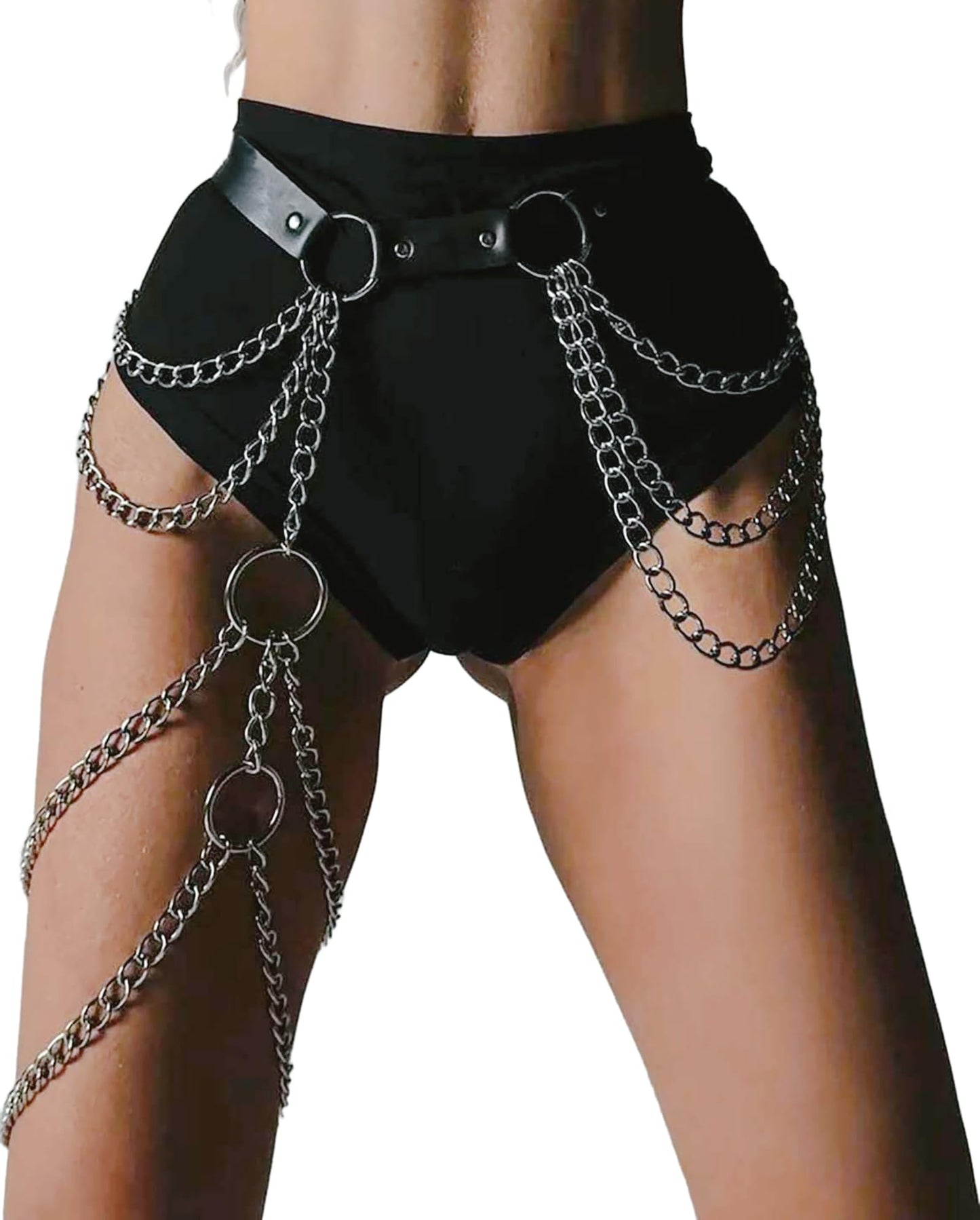 WARANDOD Women's Adjustable Leather Belt with Leg Chain, Faux Leather Waist Harness with Alloy Rings, Punk Gothic Festival Outfit Accessory(Waist 25.6-35.4in)