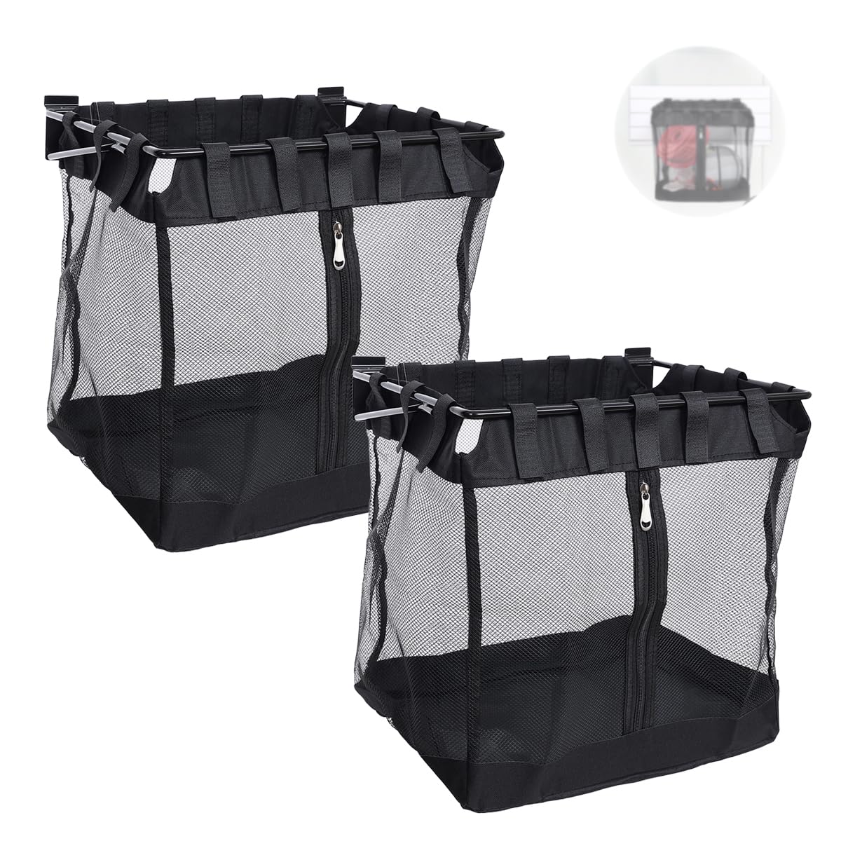 2Pcs Large Slatwall Baskets Mesh Slatwall Baskets with Zipper Mounted Storage Baskets Hanging Slatwall Accessories for Shops Rooms Storage Display Organizing(16 * 12 * 16inch)