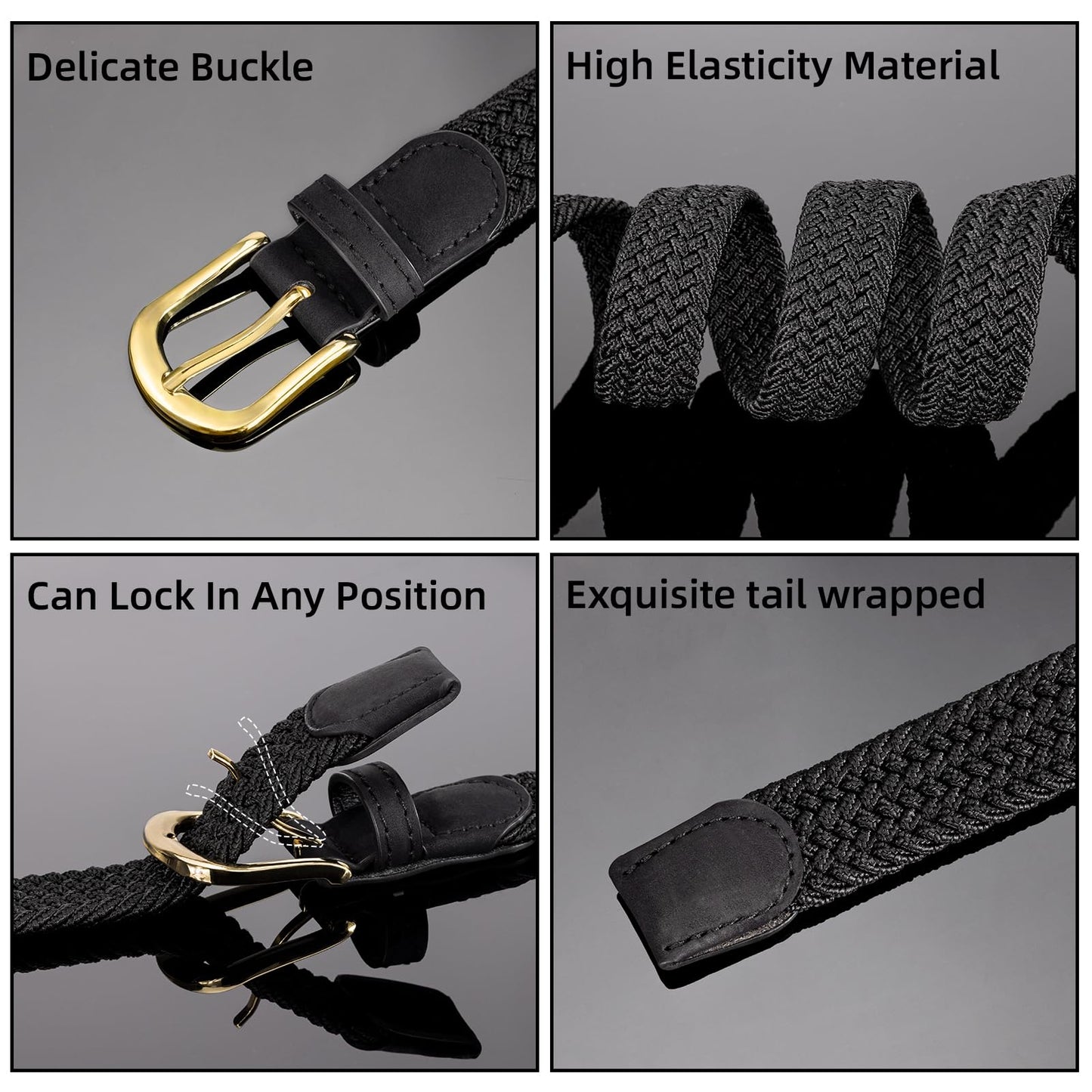 Alphyly Neries Thin Woven Braided Belt for Women, Elastic Golf Belt, Black and Blue, Fits Waist Size 28-36"