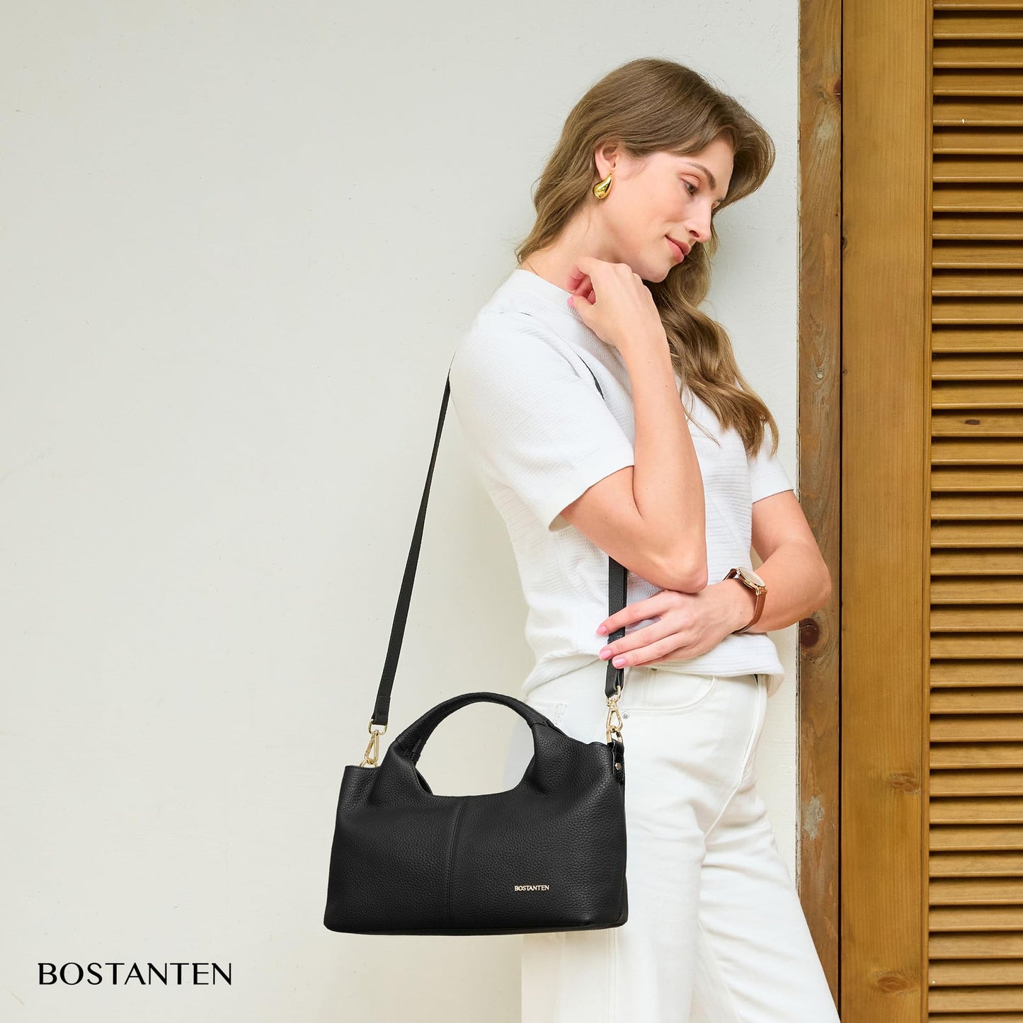 BOSTANTEN Genuine Leather Purses for Women Designer Handbags Crossbody Shoulder Bags Top Handle Satchel Black