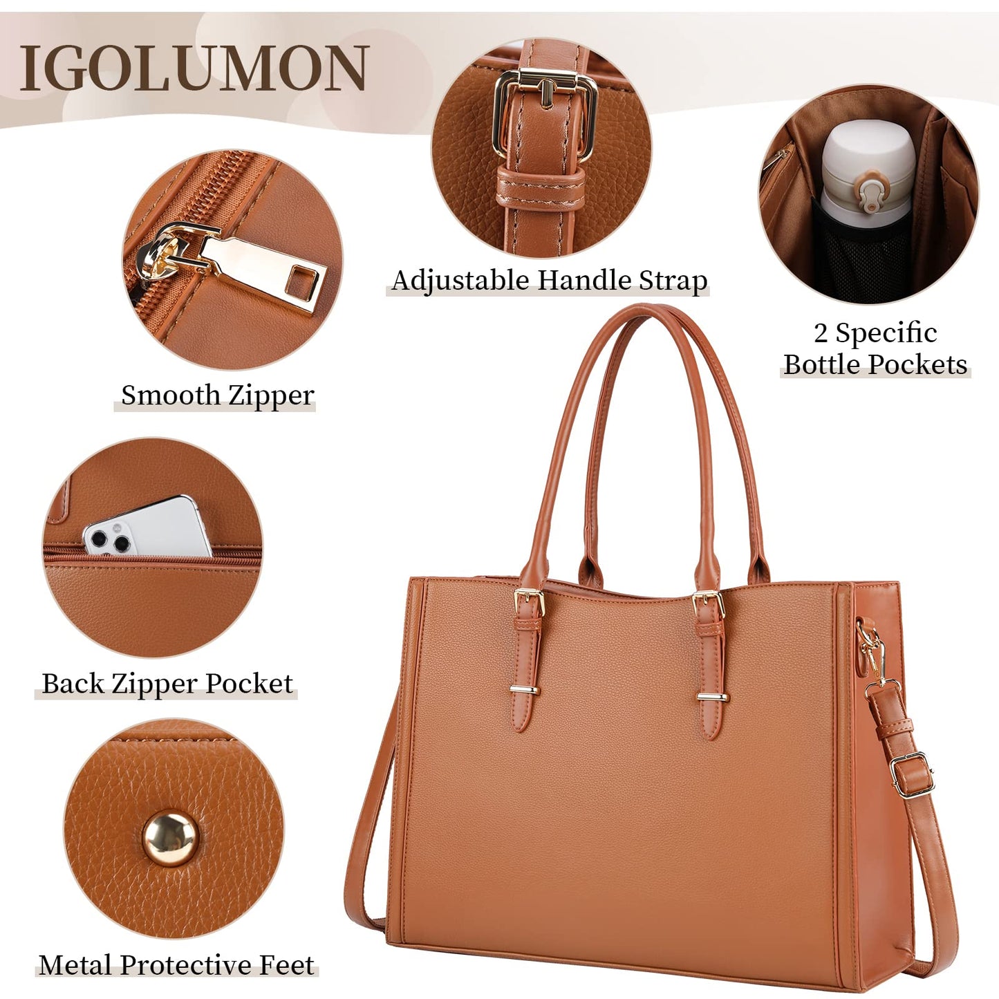 Laptop Bag for Women 15.6 inch Waterproof Laptop Tote Work Bag Leather Computer Tote Briefcase Bag Office Professional Large Capacity Handbag School Shoulder Bag Brown