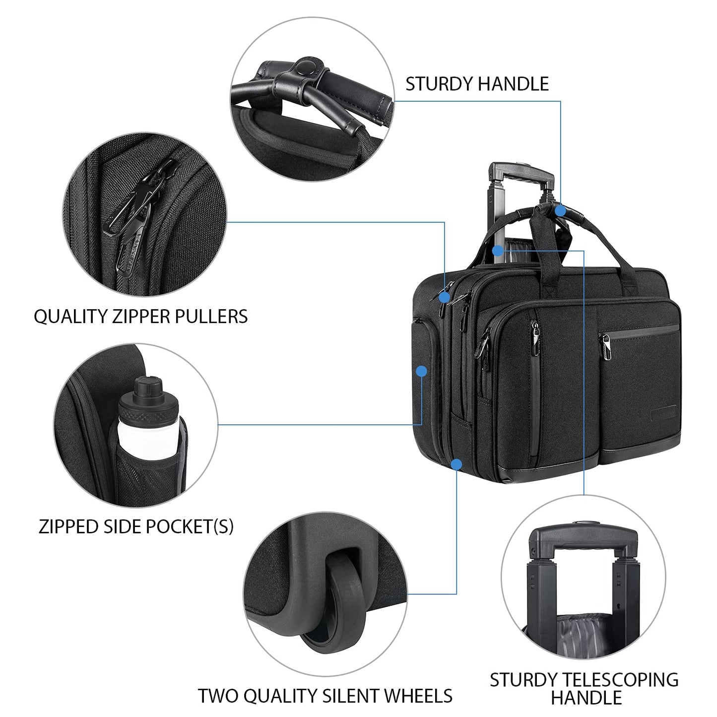 VANKEAN 17.3 Inch Rolling Laptop Bag, Waterproof Overnight Rolling Bags, Laptop Bags for Travel/Work/Business, Stylish Carry on Briefcase, Black