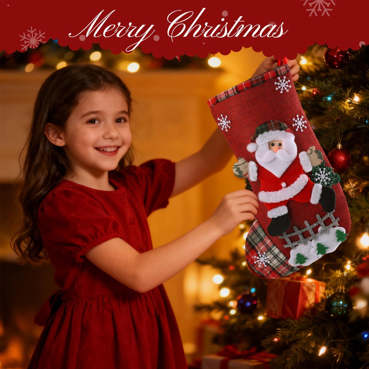 Poreids Christmas Stockings Personalized 4 Pack - Customized Small Xmas Stockings Bulk with Reindeer, Santa Claus, Snowman, Bear for Christmas Home Decorations, Set of 4