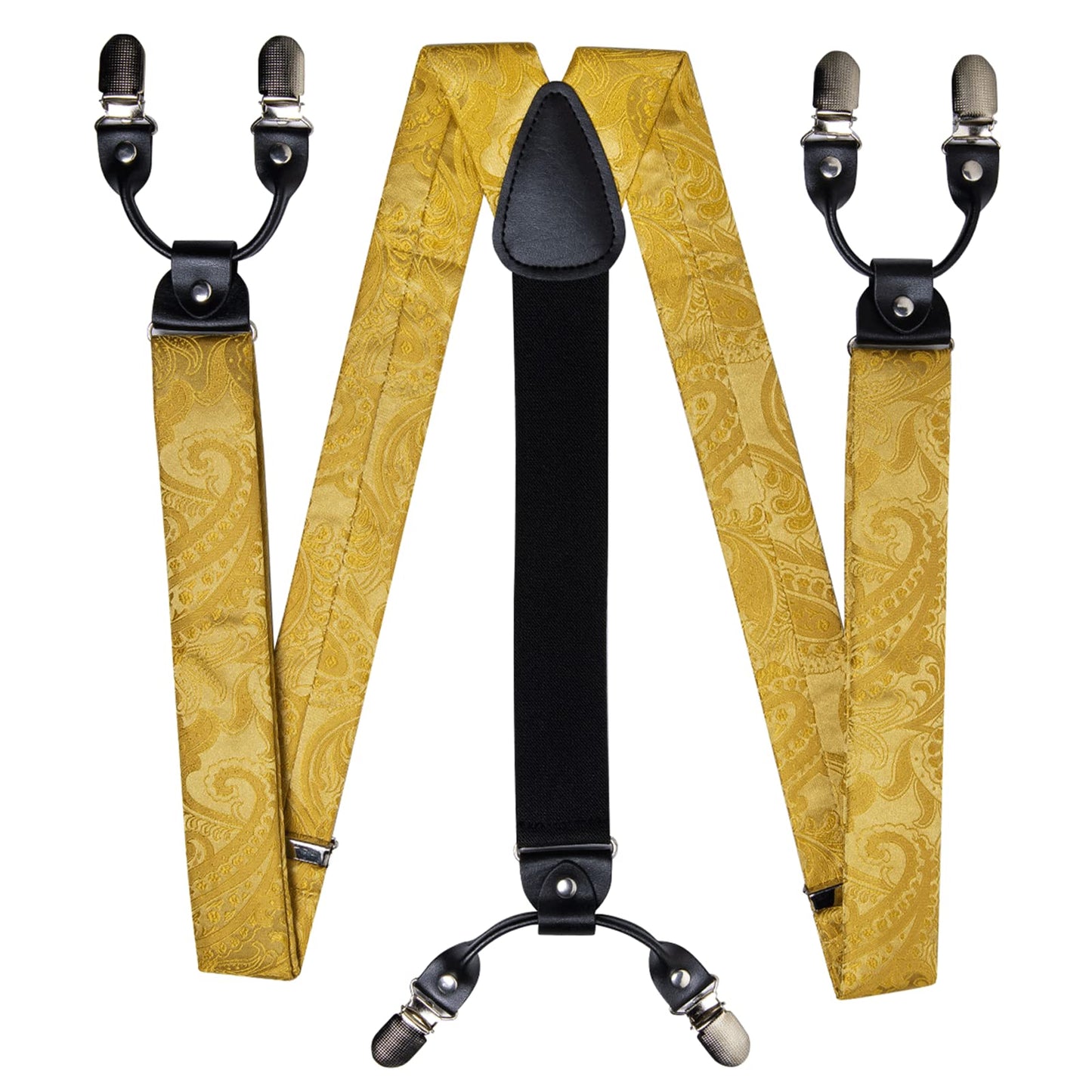 DiBanGu Gold Paisley Suspenders for Men Y-Shape Adjustable Suspenders Bowtie Pocket Square Cufflinks Clip Brace