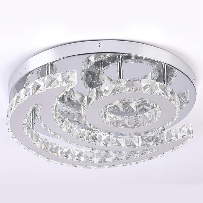 CXGLEAMING 15.7" Crystal Chandelier Modern LED Ceiling Light Moon Shape Crystal Flush Mount Ceiling Lights Fixture for Bedroom Living Room Kitchen Hallway (6500K Cool White)