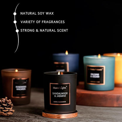 HomeLights Luxury Scented Candle, Natural Soy Wax, Home Fragrance Decor Gift, Sandalwood & Jasmine, Medium Jar
