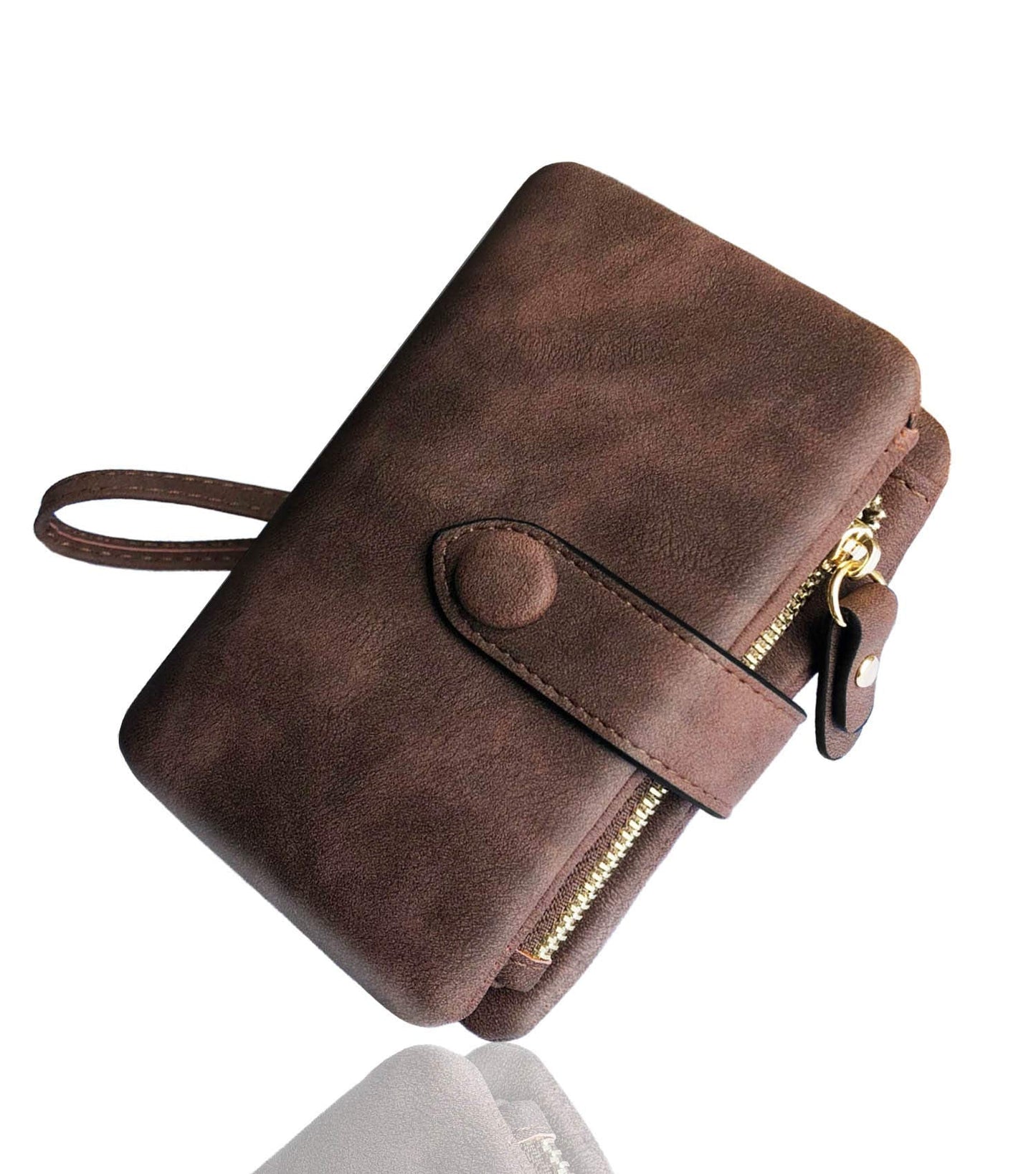 AOXONEL Women's Small Bifold Leather wallet Rfid blocking Ladies Wristlet with Card holder id window Coin Purse (Brown)