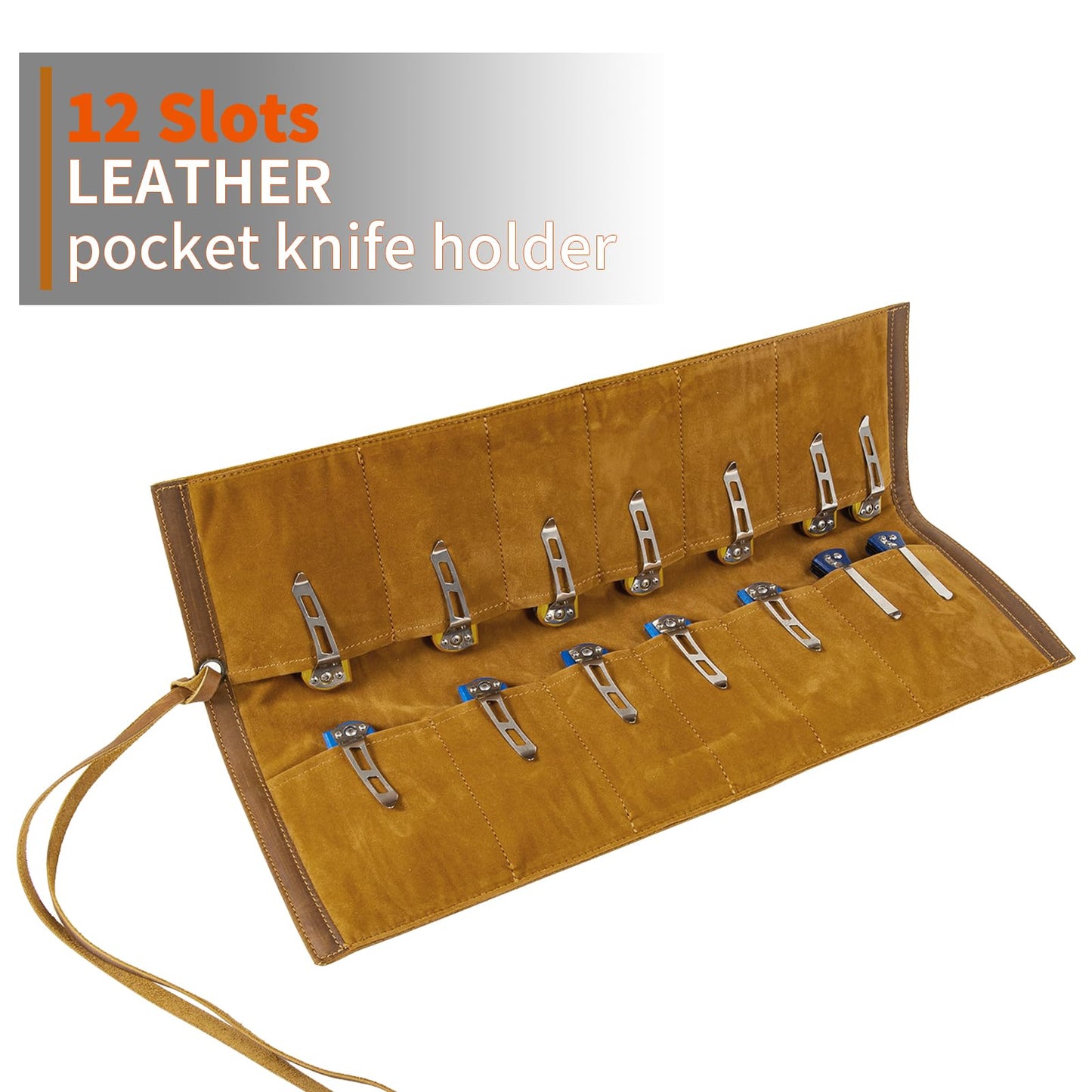 Baizoy Leather Knife Display Bag with 12 Slots Pocket Knives,Folding Knife Holder Organizer,Tactical Outdoor for EDC Mini Knife Bags, Leather Knife roll Collection Protector Bag (Brown)