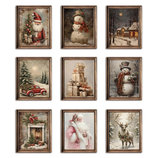 Vintage Christmas Canvas Wall Art Set of 9, Santa Claus Xmas Tree Snow Scene Prints Posters, Winter Holiday Artwork for Living Room Gallery Wall Decor, Christmas Aesthetic Home Decor 8x10 inch Unframed