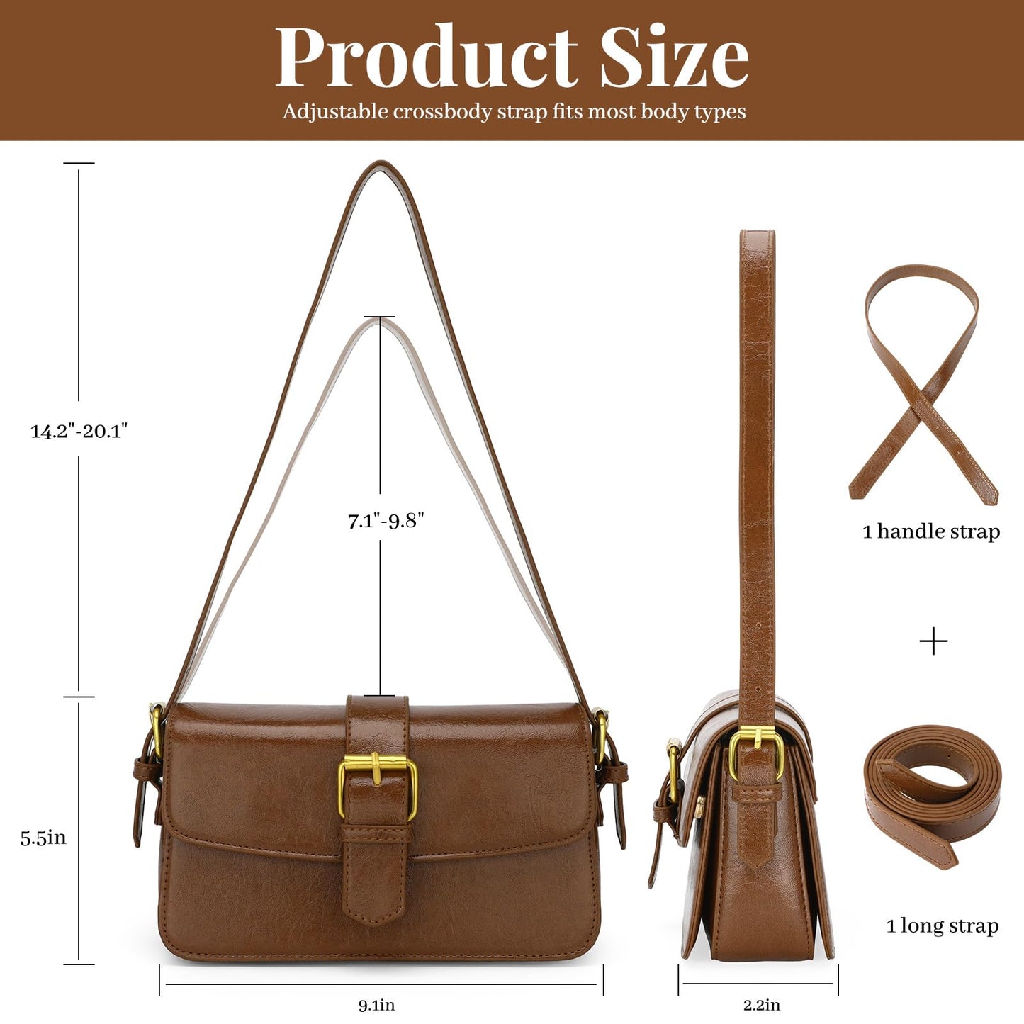 XquiziFit Shoulder Bag for Women Small Clutch Purses Cute Hobo Purses and Handbags Retro Leather Underarm Crossbody Bag with 2 Removable Strap, Brown