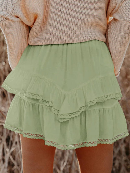 Aoudery Flowy Shorts for Women Casual Boho Ruffle Tiered Skorts High Waist Mini Skirts Golf Tennis Butterfly Crochet Shorts - Grey Green XS