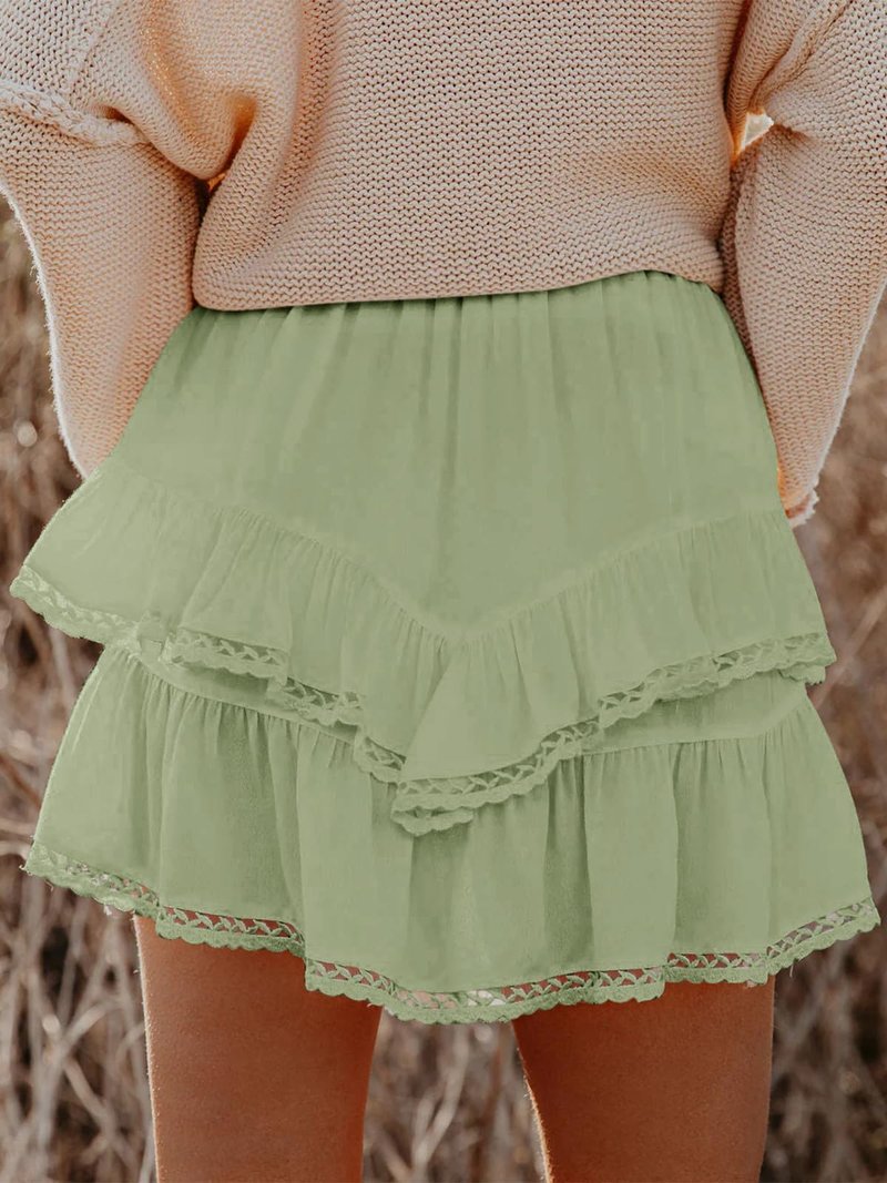 Aoudery Flowy Shorts for Women Casual Boho Ruffle Tiered Skorts High Waist Mini Skirts Golf Tennis Butterfly Crochet Shorts - Grey Green M