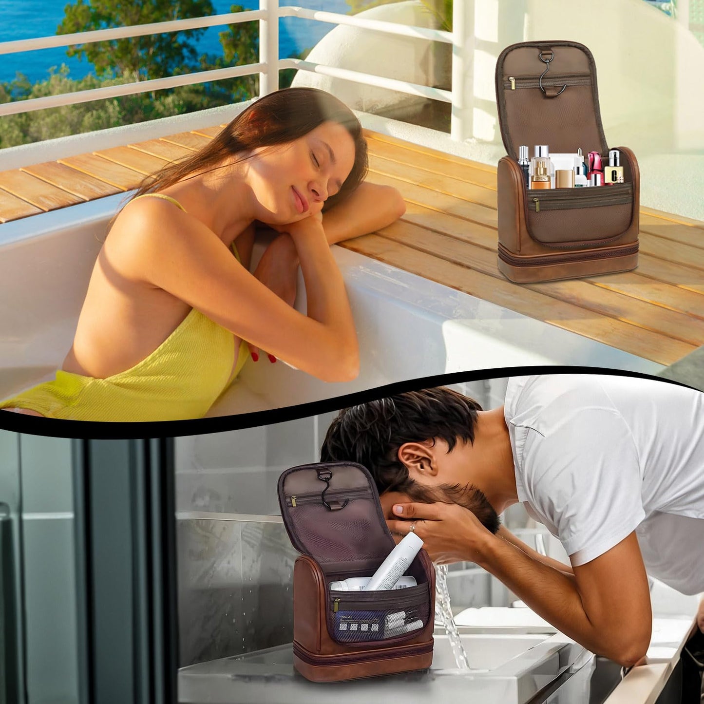 hanvate Travel Toiletry Bag For Men and Women, Leather Hanging Toiletry Organizer, Waterproof with Separate Compartments, Travel Kit for Gym Camping and Mens Gift (Dark Brown)