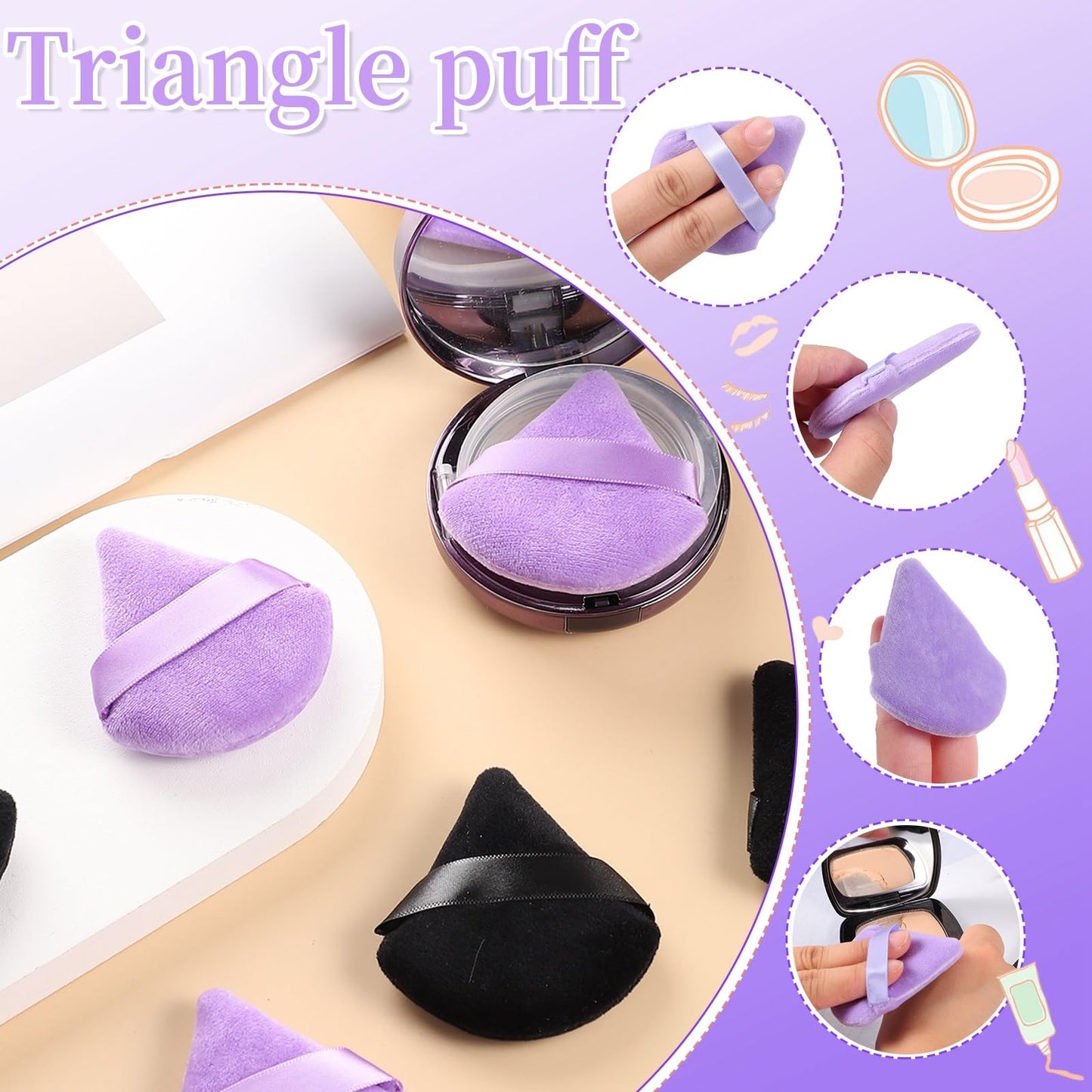 Pimoys 6 Pieces Powder Puff Face Makeup Sponge Soft Velour Triangle Powder Puffs Beauty Sponge Stocking Stuffers for Loose Powder (Black, Pink)