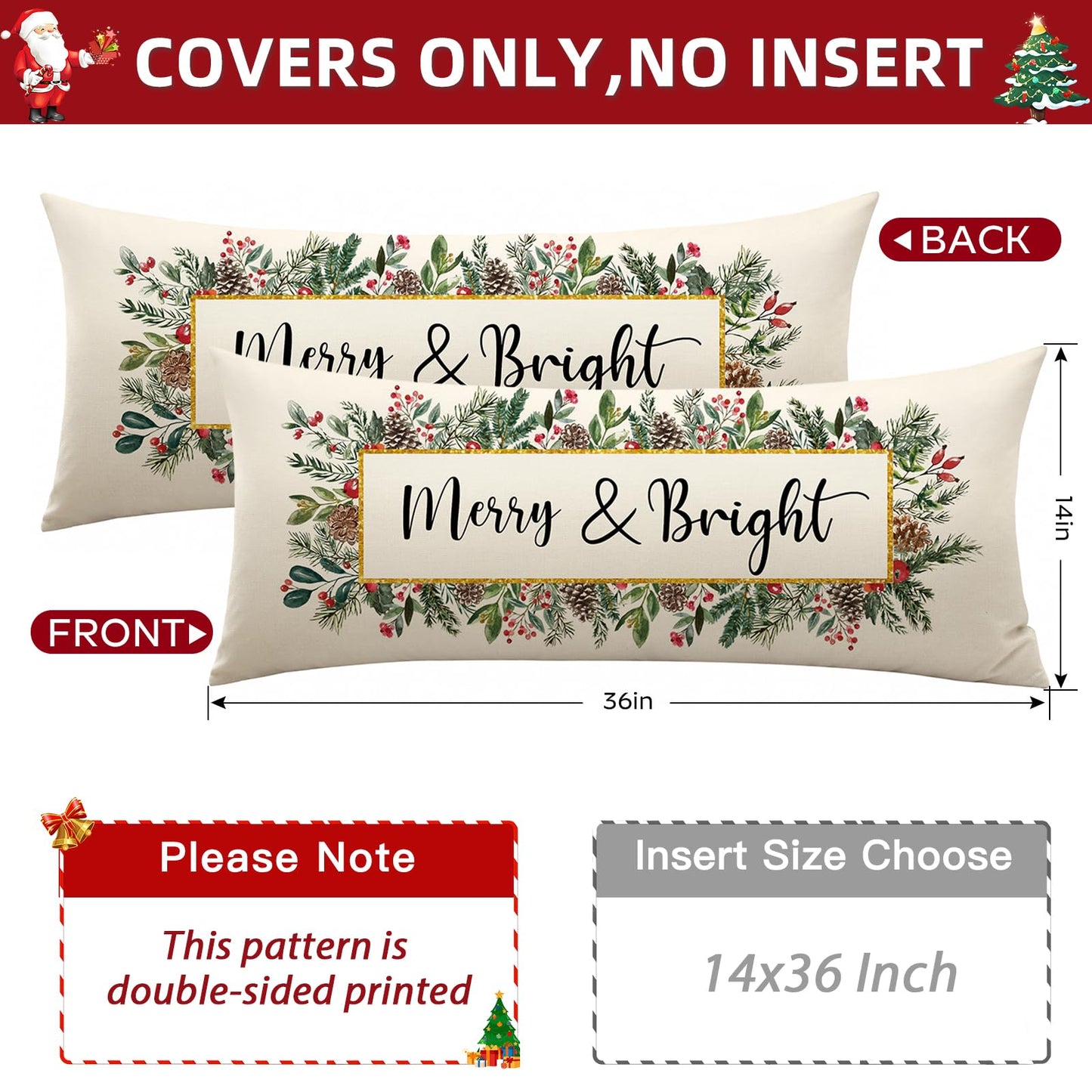 OTOSTAR Merry Bright Christmas Decor Pillow Cover 14x36 Inch Extra Long Lumbar Decorative Throw Pillow Case Eucalyptus Mistletoe Winter Holiday Cushion Cover for Couch Bed Sofa Decor (Merry & Bright)