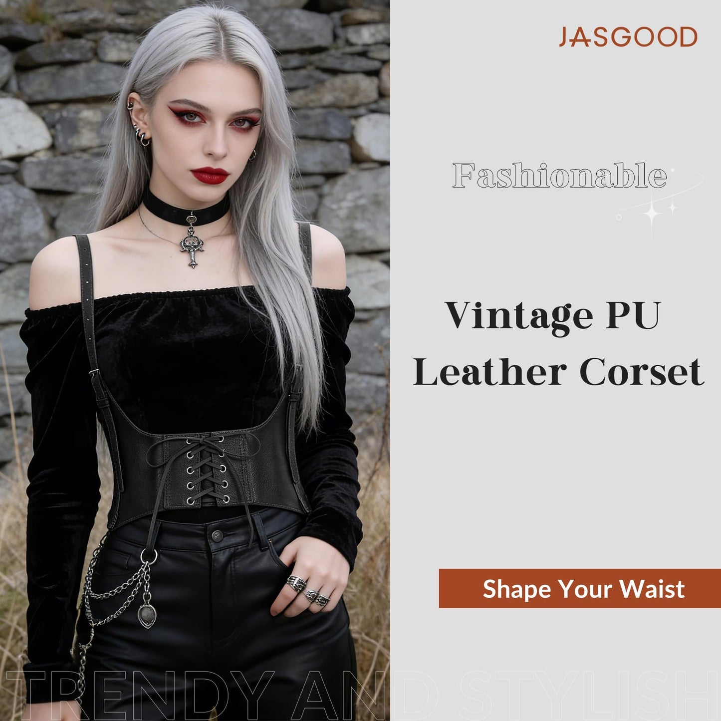 JASGOOD Women Faux Leather Corset Waist Belt Elastic Wide Underbust Corset Lace-up Steampunk Waspie Belt For Halloween