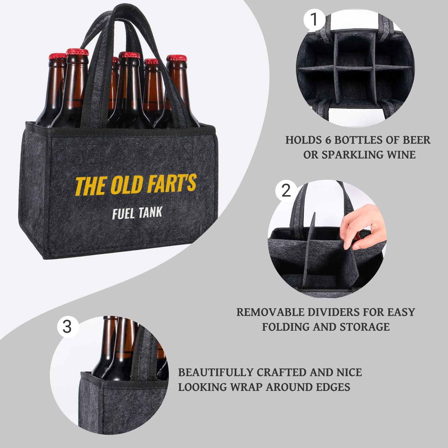 Funny Felt Beer Drink Carrier Tote Bag for Men, Novelty Gift for Dad, Husband, Boyfriend, Birthday, Father’s Day, Beer Lover Gift, 6-Bottle Portable Beverage Carrier with Handle
