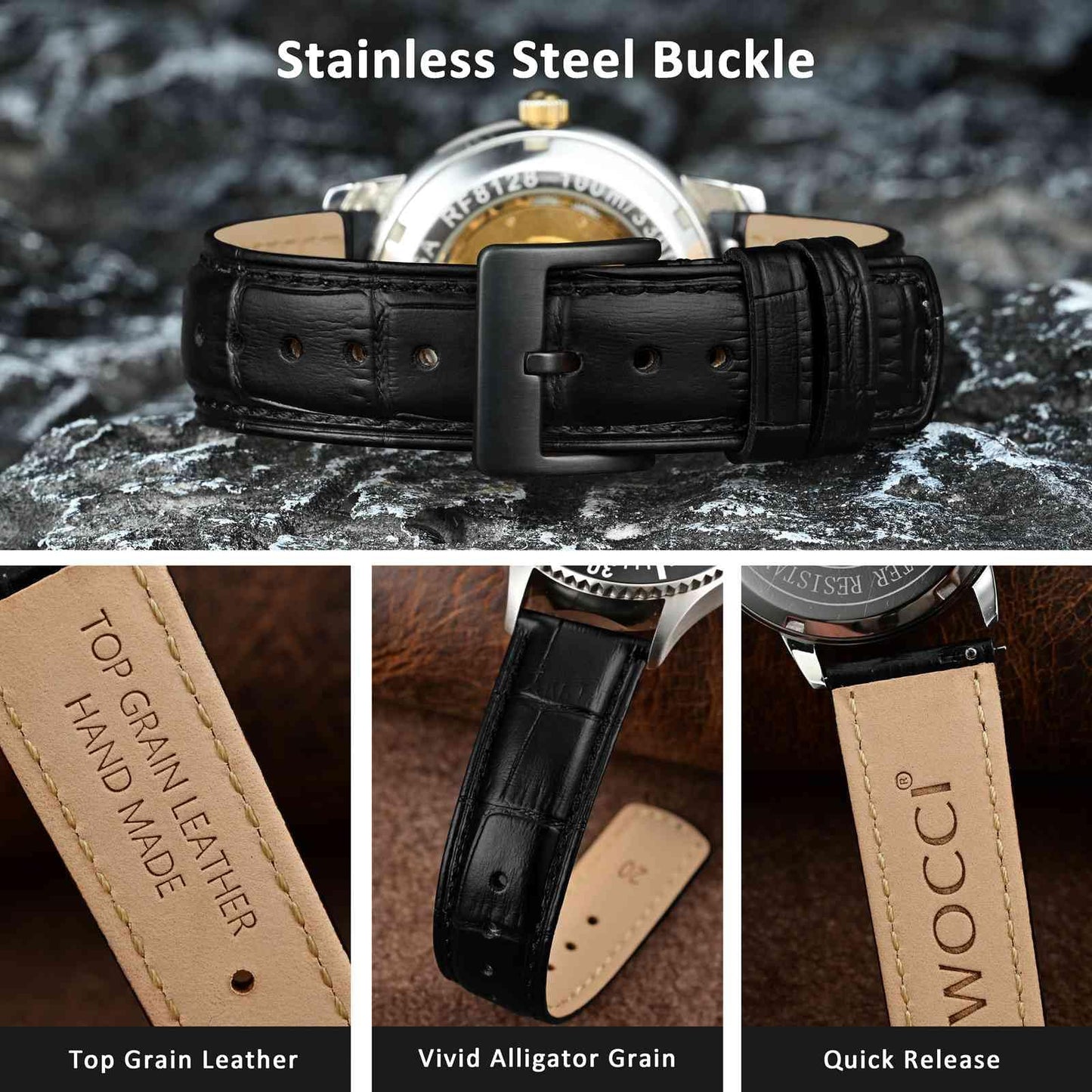 WOCCI 18mm Watch Band, Top Grain Leather, Embossed Alligator Grain, Quick Release, Black Buckle (Black)