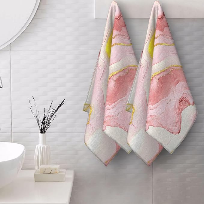 Pink Rose Gold Bath Towels Decorative Set of 2 Pink Marble Bathroom Hand Towels for Bathroom Kitchen Home Spa Hotel Yoga 14"x28"