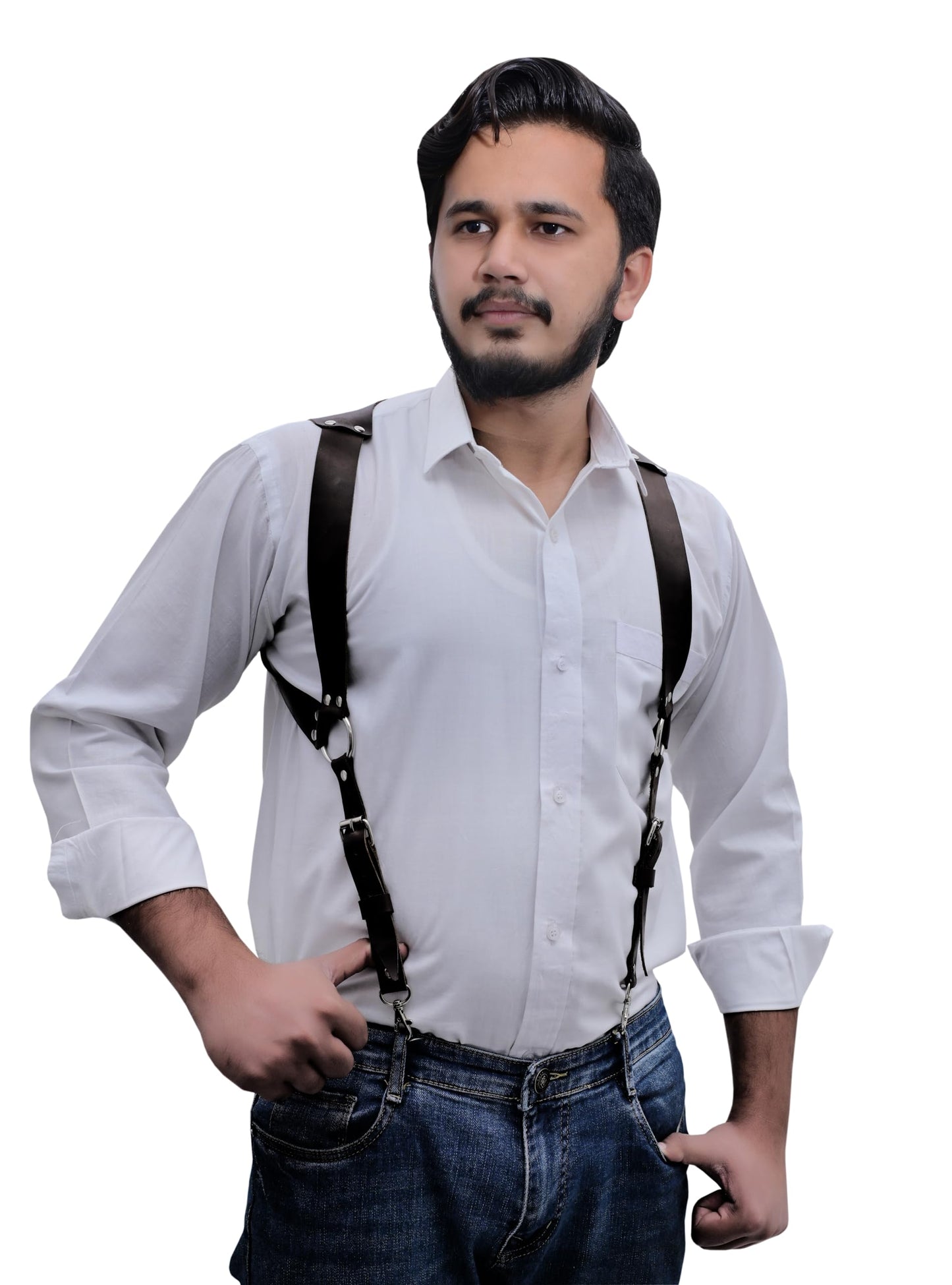 Voolup - Top Grain Genuine Leather Black Suspenders for Men | Leather Suspenders for Men Heavy Duty | Groomsmen Wedding Gift | Adjustable Metals Clips for Dress Pants and Jeans