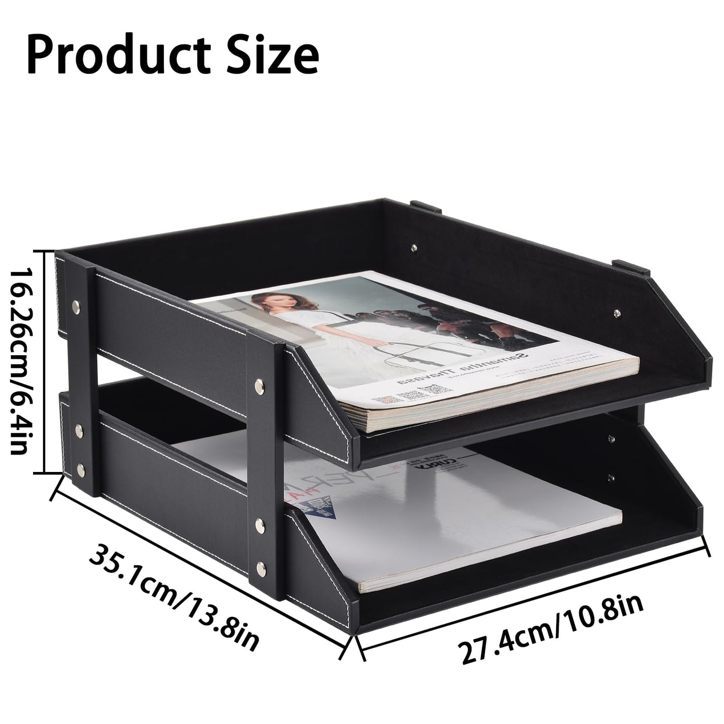 XNONE Leather Desk Organizer,2-Tier Stackable Letter Tray Holder,Office Supplies Desktop Storage Box for Document,Stationery,Magazines,Newspapers,Letters and Other Home Office Paper Sundries,Black