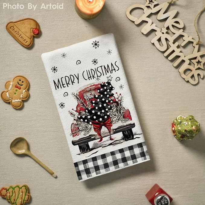 Artoid Mode Black Snowman Xmas Trees Santa Claus Truck Merry Christmas Kitchen Towels Dish Towels, 18x26 Inch Farmhouse Decoration Hand Towels Set of 6