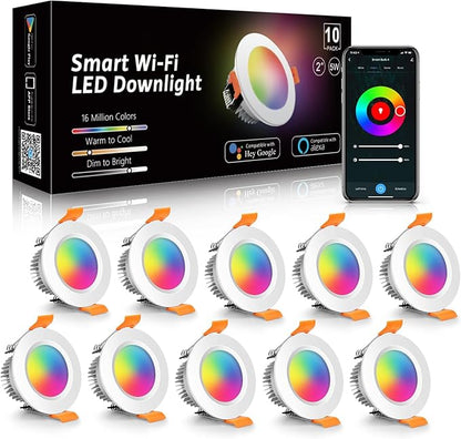 LightingWill 2 Inch LED Recessed Lighting, Smart WiFi LED Downlight, 5W Ceiling Light Compatible with Alexa/Google Assistant, Dimmable RGB & 2700K-6500K, 120V with Driver (10 Pack)