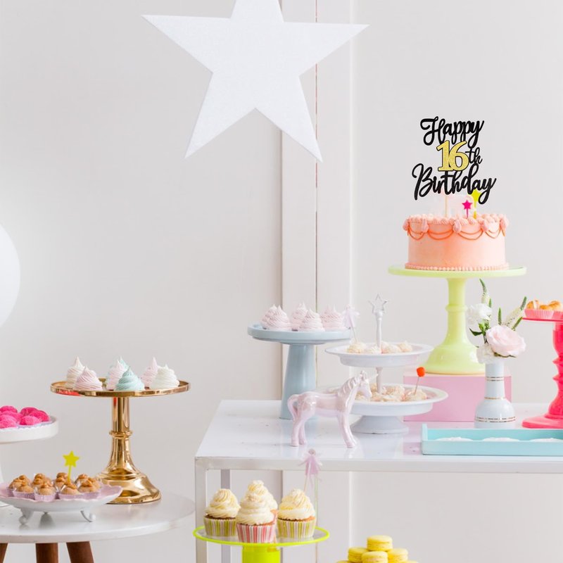 1 PCS Happy 16th Birthday Cake Topper Black Gold Glitter Cheers to 16 Years Birthday Cake Pick 16 Fabulous Cake Decoration for Happy 16th Birthday Anniversary Party Cake Decorations Supplies