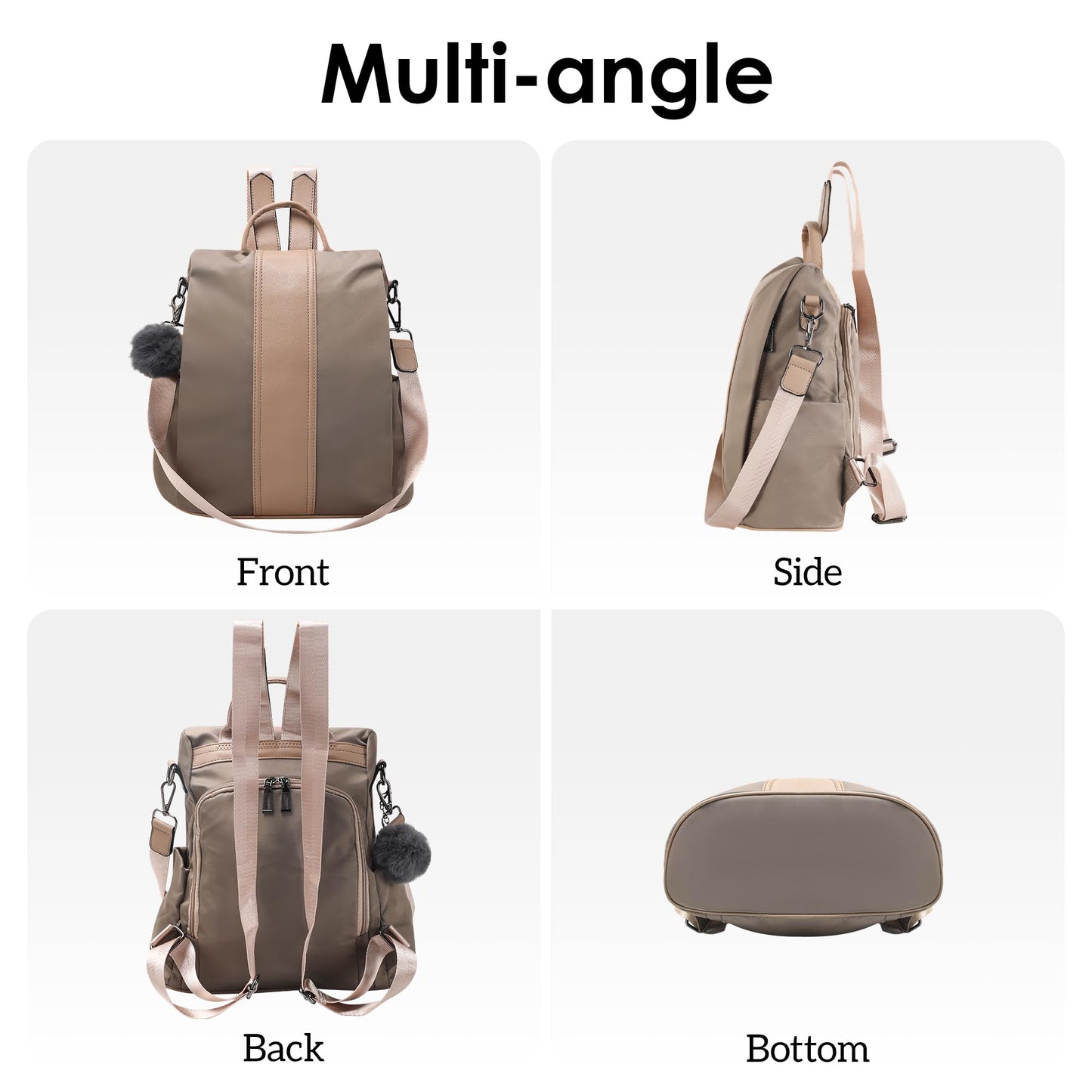 PINCNEL Women Khaki Medium Backpack Purse Waterproof Nylon Anti-theft Rucksack Lightweight Shoulder Bag