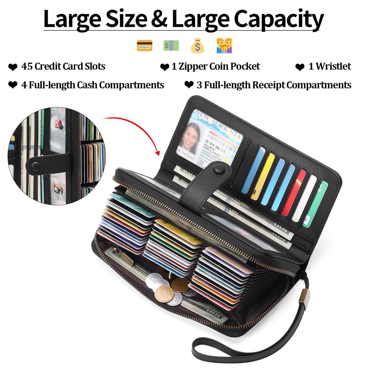 GAEKEAO Leather Credit Card Holder Wallet for Women RFID Blocking Large Capacity Bifold Zipper Card Case Organizer with Wristlet 45 Slots