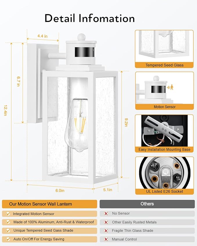 VIANIS 2 Pack Motion Sensor Porch Light, Outdoor Garage Lighting Fixtures Wall Mount, White Outside LED Lights for House, Dusk to Dawn Exterior Sconces Wall Lighting Lantern Lamps for Front Door Coach