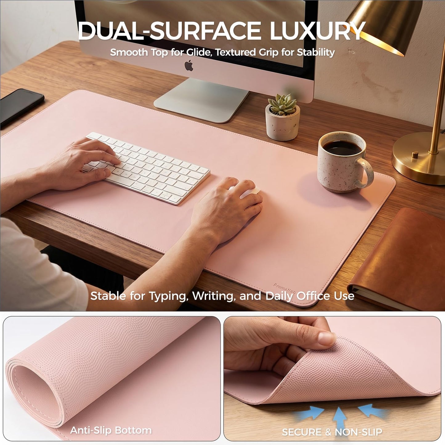 PROMATTOO Large Desk Pad Non-Slip Desk Mat Protector for Keyboard Mouse Waterproof Vegan Leather Surface Faux Leather Laptop Mat Smooth Mouse Pad Premium Gift Tube Sakura Pink 47" x 17"