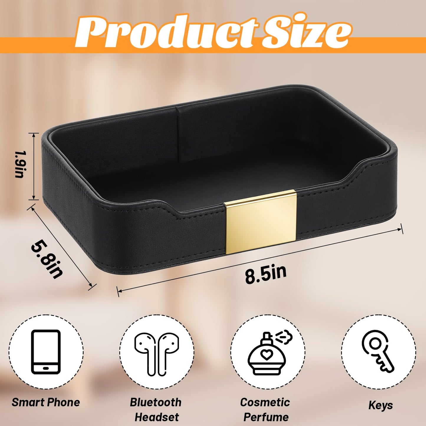 HOFURME Luxury Leather Valet Tray Desktop Storage Organizer, Bedside Vanity Catchall Tray Nightstand Caddy Holder for Cosmetic, Jewelry, Watch, Keys, Phone,Wallet, Remote Controller, Pen (Black)