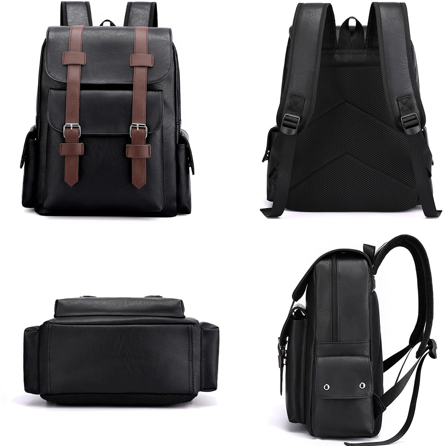Farcauo Leather Backpack for Men Vintage Laptop Backpack Black Travel Work Backpacks Large Capacity Business Hiking Back Pack
