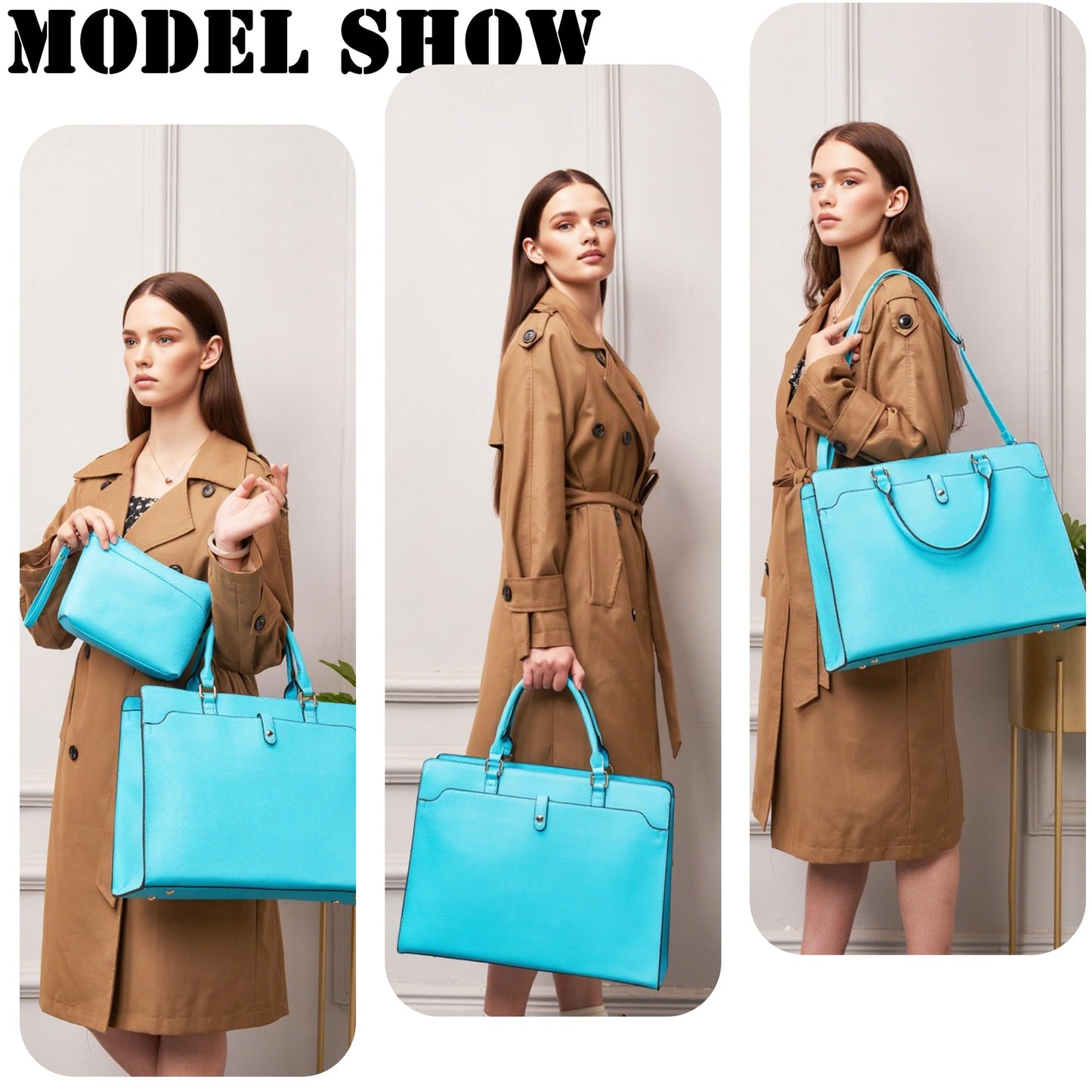 YZAOLL 15.6 Inch Vegan Leather Laptop Bag for Women Lightweight Water-Resistant Work Tote Briefcase for Travel,College,Office JBlue