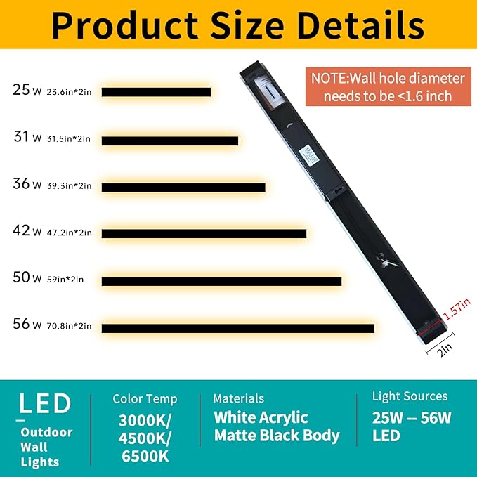 Mikeru 70.8inch Long LED Wall Light, 3000k-6000k Three Colors Switchable Modern Outdoor Wall Light Fixtures Acrylic Invisible Exterior Light for Porch Outdoor Wall Mount Lighting for House