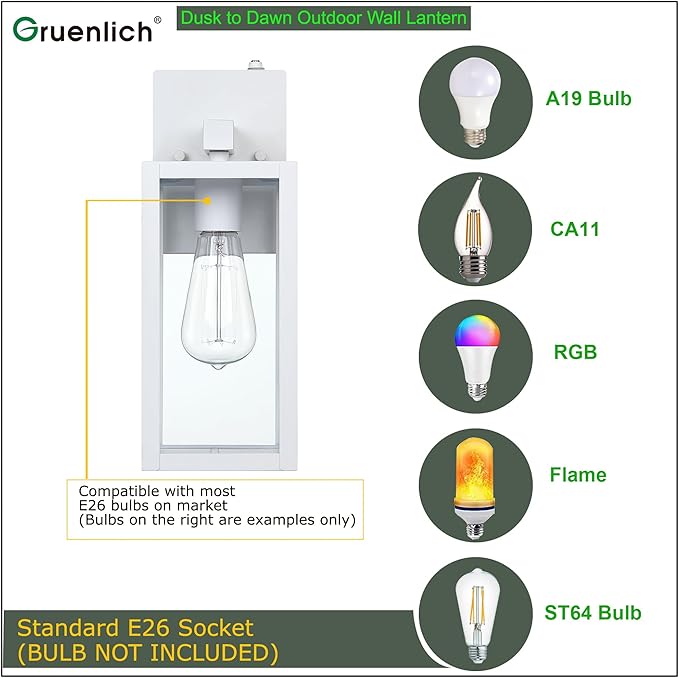 GRUENLICH Dusk to Dawn Large Outdoor Wall Lantern, Wall Sconce as Porch Lighting Fixture, E26 Base Max 60W, Metal Housing with Glass Shade (White, 2-Pack)